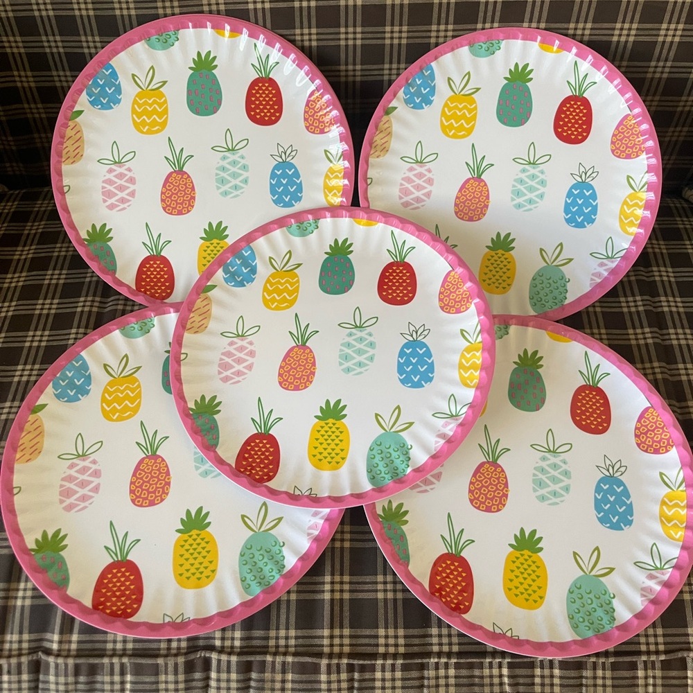 New. Cynthia Rowley Pineapple Party Plates - Pink, Yellow, Green, Blue set of 5